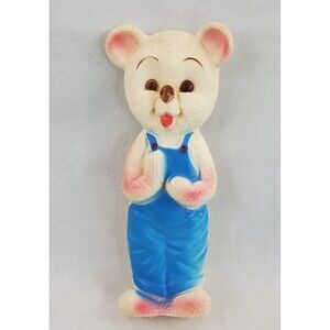 VINTAGE 1964 BONNYTEX RUBBER SQUEAK TOY BEAR WITH OVERALL'S & BIG BROWN  EYES
